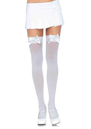 Leg Avenue Nylon Thigh High with Bow - White - One Size