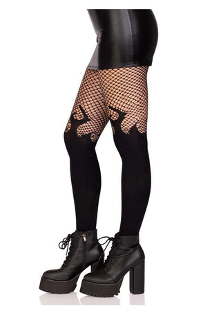 Leg Avenue Opaque Flame Tights with Fishnet Top - Black - One Size