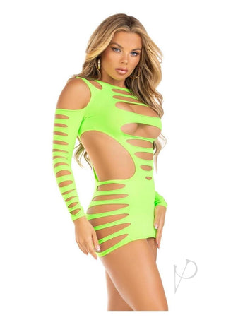 Leg Avenue Opaque Shredded Cut-Out Mini Dress - Neon Green - One Size