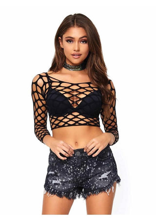 Leg Avenue Pothole Net Long Sleeved Crop Top - Black - One Size