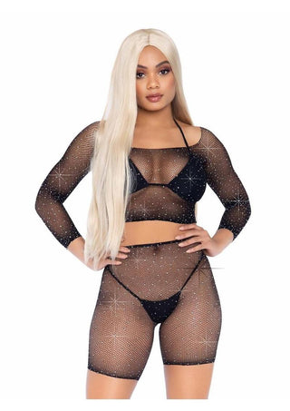 Leg Avenue Rhinestone Fishnet Long Sleeve Crop Top and Biker Shorts - Black - One Size - 2 Piece