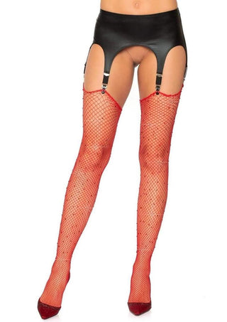 Leg Avenue Rhinestone Fishnet Stockings - Red - One Size