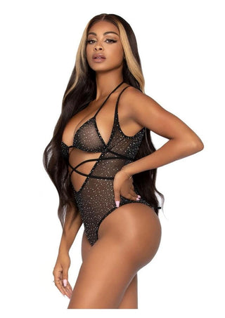 Leg Avenue Rhinestone Mesh Wrap Around Bikini Top and Suspender Bodysuit