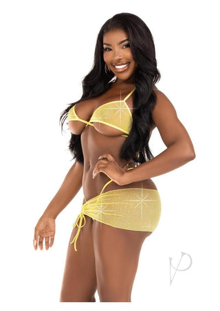 Leg Avenue Rhinestone Mesh Wrap Around Bra Top, G-String Panty, and Ruched Tie Sarong (3 Piece) - Medium/Large - Baby - Yellow