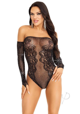 Leg Avenue Rhinestone Net and Lace Off The Shoulder Teddy - Black - One Size