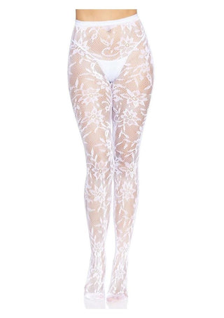 Leg Avenue Seamless Chantilly Floral Lace Tights - Red - One Size