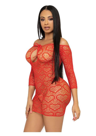 Leg Avenue Seamless Heart Net Mini Dress with Keyhole Tie Front