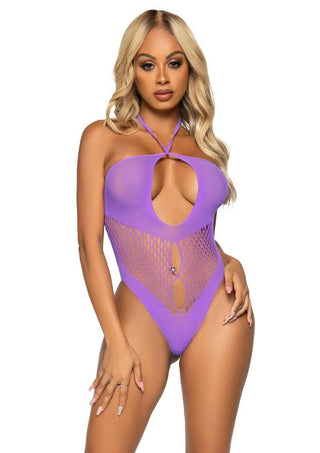 Leg Avenue Seamless Hexi Net Keyhole Halter Bodysuit - Lavender/Purple - One Size