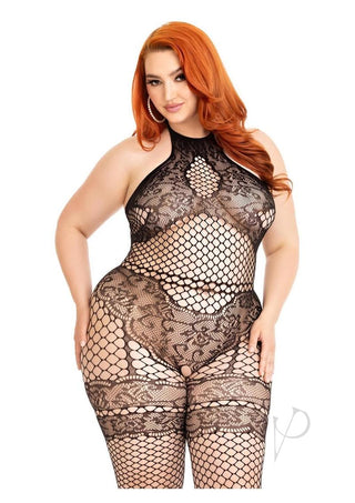 Leg Avenue Seamless Industrial Net Halter Bodystocking with Faux Lace Lingerie Detail - Black - Queen/XLarge/XXLarge