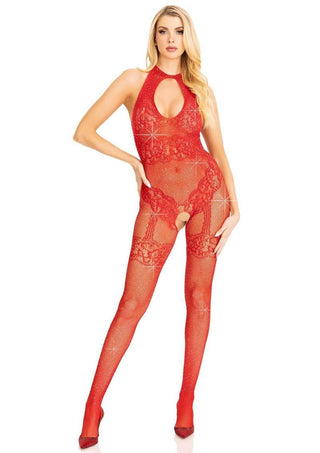 Leg Avenue Seamless Rhinestone Fishnet Bodystocking with Keyhole and Lace Lingerie Detail