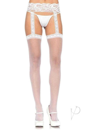 Leg Avenue Sheer Thi-Hi with Lace Garter Belt - White - One Size