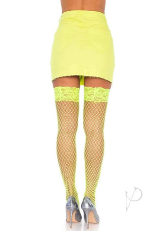 Leg Avenue Spandex Industrial Net Thigh Highs with Stay Up Silicone Lace Top - Neon Yellow/Yellow - One Size