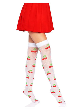 Leg Avenue Spandex Sheer Polka Dot Cherry Thigh Highs - Red/White - One Size