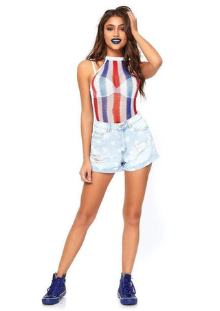 Leg Avenue Striped Net Halter Bodysuit with Snap Crotch