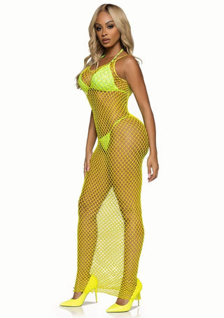 Leg Avenue Woven Twist Net Backless Maxi Dress - One Size - Lemon