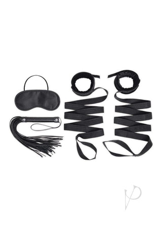 Lux Fetish Bondage Bed Strap and Flogger Kit - Black - 4 Piece