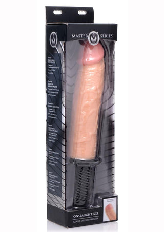 Master Series Onslaught XXL Vibrating Giant 9.75in Dildo Thruster - Flesh/Vanilla