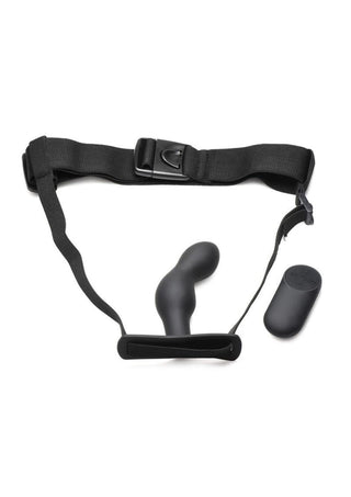 Master Series P-Spot Plugger 28x Rechargeable Silicone Prostate Plug with Harness and Remote Control - Black