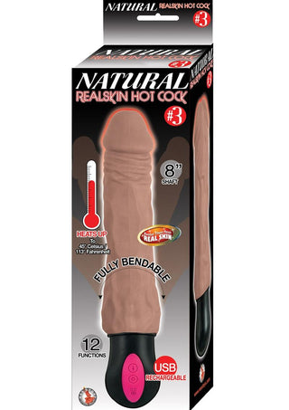 Natural Realskin Hot Cock 3 Rechargeable Warming Dildo - Brown/Chocolate - 8in