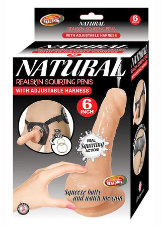 Natural Realskin Squirting Penis with Adjustable Harness - Flesh/Vanilla - 6in