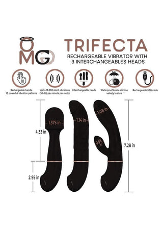 Omg Trifecta Rechargeable Vibrators with 3 Head Attachments