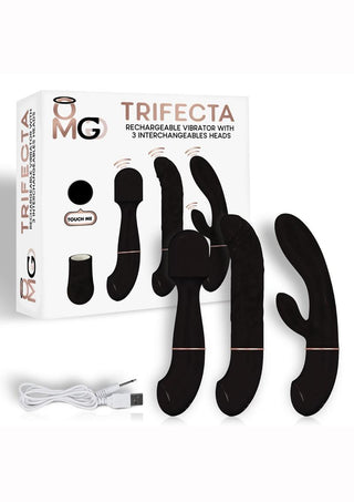 Omg Trifecta Rechargeable Vibrators with 3 Head Attachments - Black