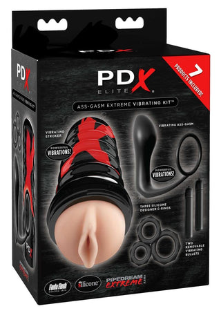 Pipedream Extreme Elite Ass-Gasm Vibrating Kit Masturbator with Bullets - Pussy - Black/Flesh/Vanilla