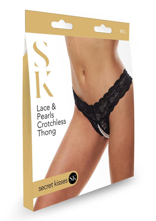 Secret Kisses Lace and Pearl Crotchless Thong - Black - Large/Medium