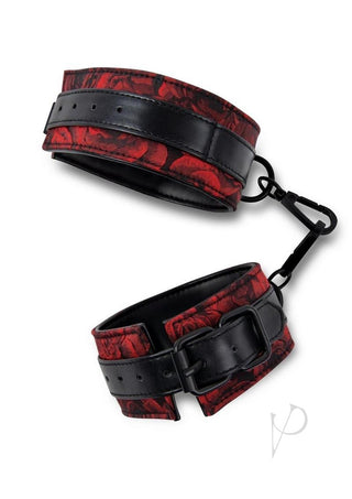 Secret Kisses Rosegasm Buckle Cuffs with Satin Blindfold - Black/Red