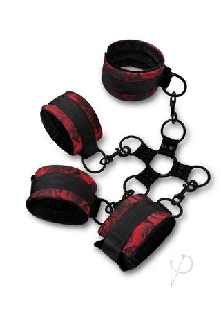 Secret Kisses Rosegasm Hogtie with Satin Blindfold - Black/Red - 5 Piece/Set