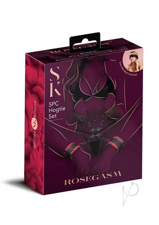 Secret Kisses Rosegasm Hogtie with Satin Blindfold - Black/Red - 5 Piece/Set