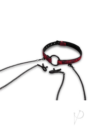 Secret Kisses Rosegasm Open Mouth Gag with Nipple Clips and Satin Blindfold - Black/Red