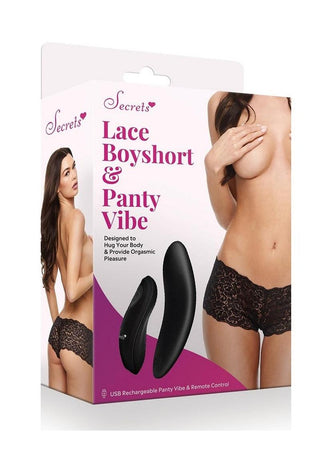 Secrets Lace Boyshort and Rechargeable Remote Control Panty Vibe - Black - One Size