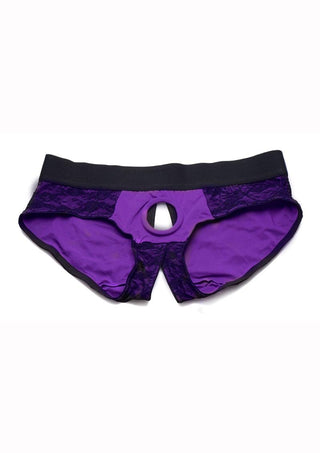 Strap U Lace Envy Lace Crotchless Panty Harness - Black/Purple - Medium/Small