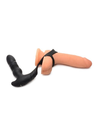 Thunder Plugs Rechargeable 10x Thrusting Silicone Vibrator with Cock and Ball Strap