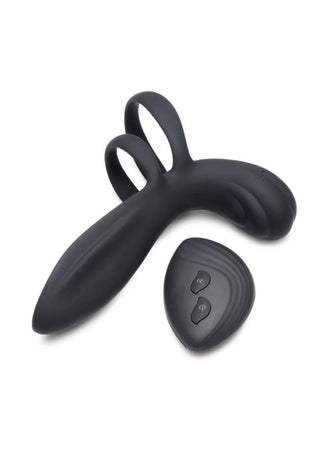 Trinity Men Rechargeable Silicone Vibrating Girth Enhancer with Remote Control - Black