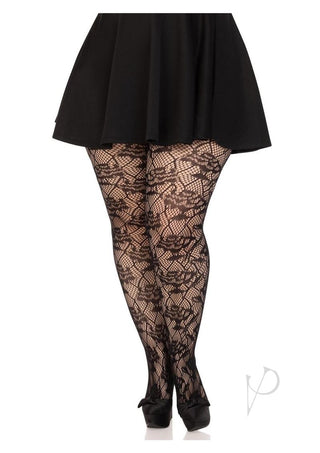 Wild Rose Net Tights - 1x-2x - Black