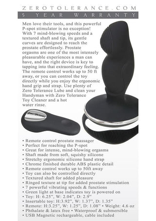 Zero Tolerance The Handyman Rechargeable Silicone Vibrating Prostate Stimulator with Remote Control